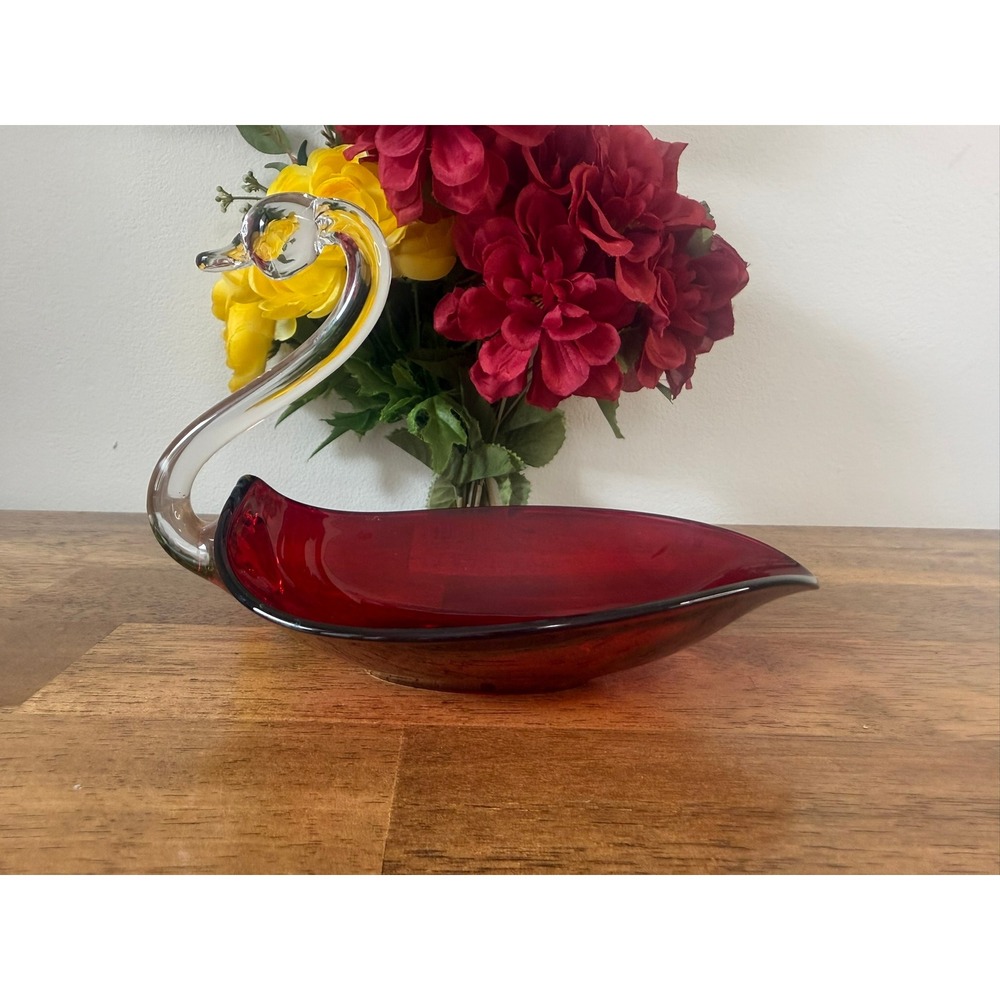 Vintage Murano Style Ruby Red Glass Swan Bowl Art Glass Bird Dish Italian Style